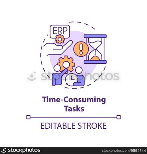 Editable time consuming tasks icon concept, isolated vector, enterprise resource planning thin line illustration.. 2D time consuming tasks line icon concept