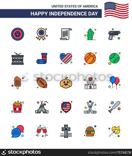 Editable Vector Flat Filled Line Pack of USA Day 25 Simple Flat Filled Lines of instrument; weapon; cactus; army; gun Editable USA Day Vector Design Elements