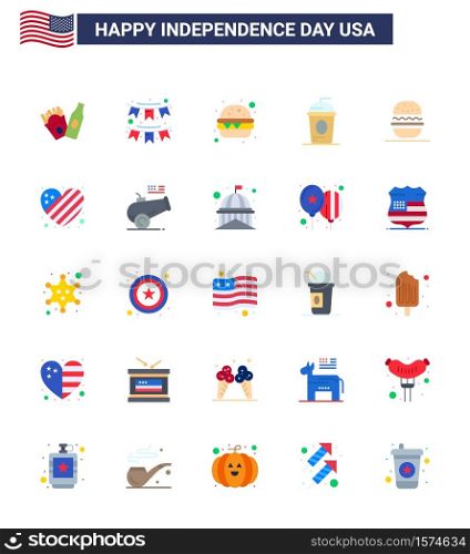 Editable Vector Flat Pack of USA Day 25 Simple Flats of eat; independece; burger; holiday; cole Editable USA Day Vector Design Elements