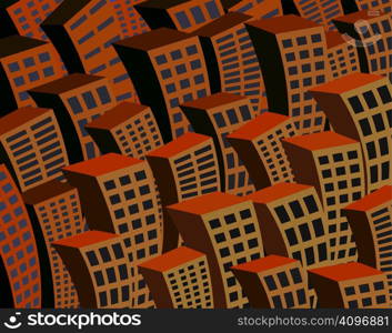 Editable vector illustration of bending skyscrapers at night