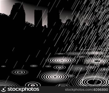 Editable vector illustration of rain with a city skyline and copy-space