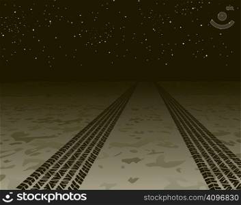 Editable vector illustration of tire tracks disappearing into the night