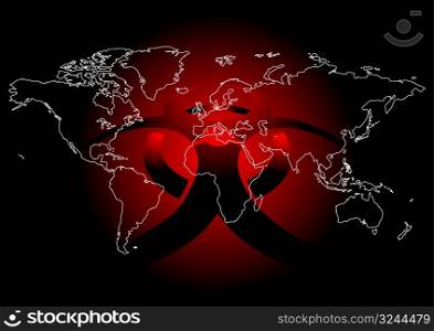 Editable vector illustration of World map with virus sign in red color