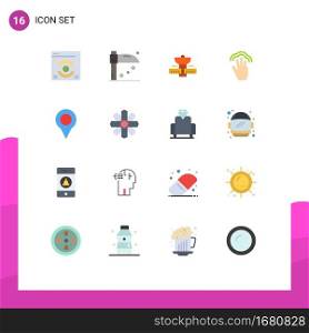 Editable Vector Line Pack of 16 Simple Flat Colors of map, multiple touch, satelite, interface, gestures Editable Pack of Creative Vector Design Elements