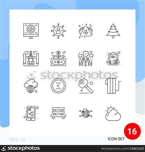 Editable Vector Line Pack of 16 Simple Outlines of blueprint, plant, person, forest, junk food Editable Vector Design Elements
