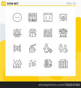 Editable Vector Line Pack of 16 Simple Outlines of cake, baked, management, user, cloud Editable Vector Design Elements