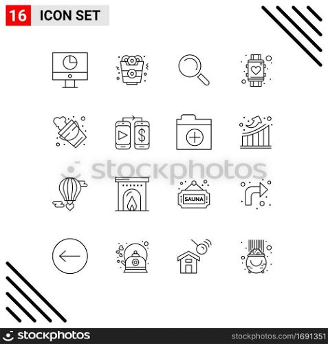Editable Vector Line Pack of 16 Simple Outlines of fire, watch, find, smart watch, love Editable Vector Design Elements