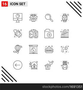 Editable Vector Line Pack of 16 Simple Outlines of fire, watch, find, smart watch, love Editable Vector Design Elements