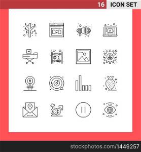 Editable Vector Line Pack of 16 Simple Outlines of fitness, bed, advertise, music, video Editable Vector Design Elements