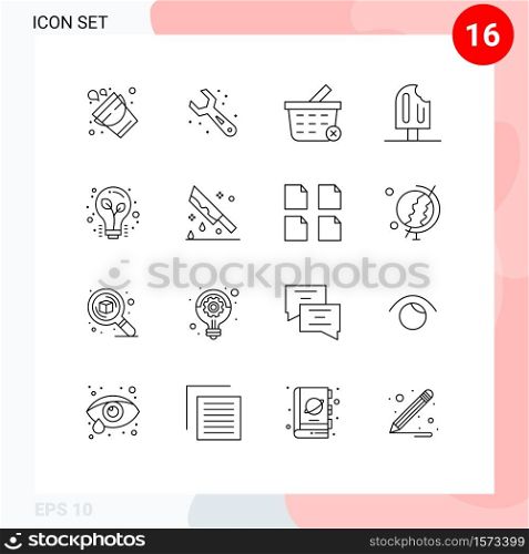 Editable Vector Line Pack of 16 Simple Outlines of light, ice cream, basket, ice, cold Editable Vector Design Elements