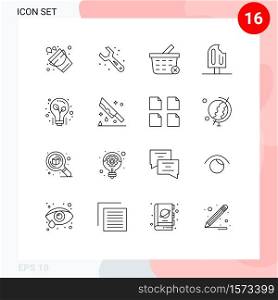 Editable Vector Line Pack of 16 Simple Outlines of light, ice cream, basket, ice, cold Editable Vector Design Elements
