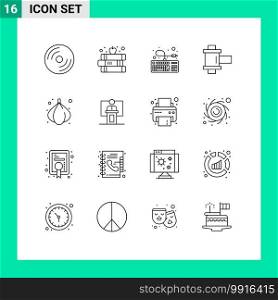 Editable Vector Line Pack of 16 Simple Outlines of onion, reel, apple, photo, connection Editable Vector Design Elements