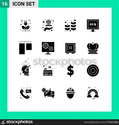 Editable Vector Line Pack of 16 Simple Solid Glyphs of align, hd, marketing, aspect ratio, plant Editable Vector Design Elements