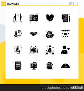 Editable Vector Line Pack of 16 Simple Solid Glyphs of design, pen, midi, paper, heart Editable Vector Design Elements