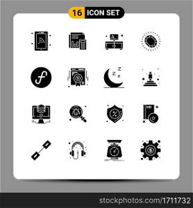 Editable Vector Line Pack of 16 Simple Solid Glyphs of jewelry, television, business, stand, cabinet Editable Vector Design Elements