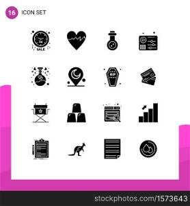 Editable Vector Line Pack of 16 Simple Solid Glyphs of love, flask, mass weapon, chemical, music Editable Vector Design Elements