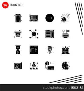 Editable Vector Line Pack of 16 Simple Solid Glyphs of security, camera, arrows, space, asteroid Editable Vector Design Elements