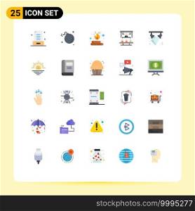 Editable Vector Line Pack of 25 Simple Flat Colors of projector, office, science, market share, flame Editable Vector Design Elements