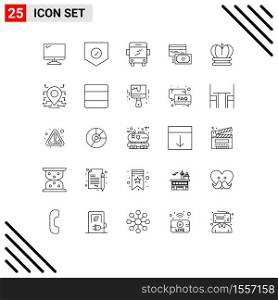 Editable Vector Line Pack of 25 Simple Lines of king, money, shield, payment, card Editable Vector Design Elements