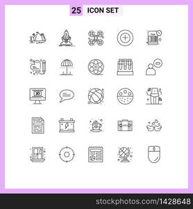 Editable Vector Line Pack of 25 Simple Lines of reminder, more, startup, add, drone camera Editable Vector Design Elements