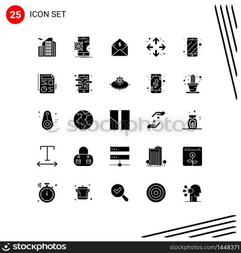 Editable Vector Line Pack of 25 Simple Solid Glyphs of cell phone, full screen, mobile, enlarge, money Editable Vector Design Elements