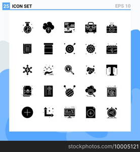 Editable Vector Line Pack of 25 Simple Solid Glyphs of photo, camera, data, tools, bag Editable Vector Design Elements