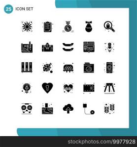 Editable Vector Line Pack of 25 Simple Solid Glyphs of search, browse, medal, weapon, bomb Editable Vector Design Elements