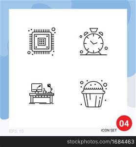 Editable Vector Line Pack of 4 Simple Filledline Flat Colors of chip, workplace, encryption, clock, computer Editable Vector Design Elements