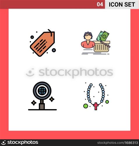 Editable Vector Line Pack of 4 Simple Filledline Flat Colors of tag, research, salary, shopping, necklace Editable Vector Design Elements