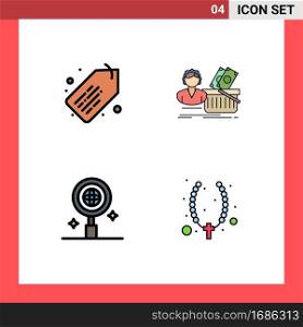 Editable Vector Line Pack of 4 Simple Filledline Flat Colors of tag, research, salary, shopping, necklace Editable Vector Design Elements