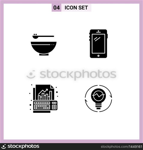 Editable Vector Line Pack of 4 Simple Solid Glyphs of bowl, analysis, mardi gras, mobile, graph Editable Vector Design Elements
