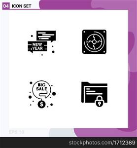 Editable Vector Line Pack of 4 Simple Solid Glyphs of bubble, discount, new year, computer, percentage Editable Vector Design Elements
