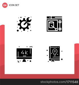 Editable Vector Line Pack of 4 Simple Solid Glyphs of cog, screen, spanner, tool, pc Editable Vector Design Elements