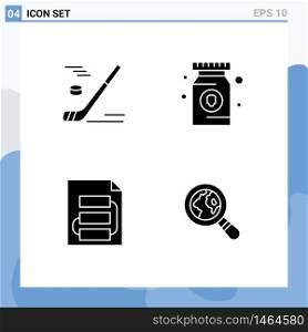 Editable Vector Line Pack of 4 Simple Solid Glyphs of hockey, document, snow, medication, planning Editable Vector Design Elements
