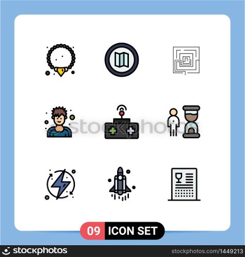 Editable Vector Line Pack of 9 Simple Filledline Flat Colors of remote control, baby, marketing, sportsman&rsquo;, exerciser Editable Vector Design Elements