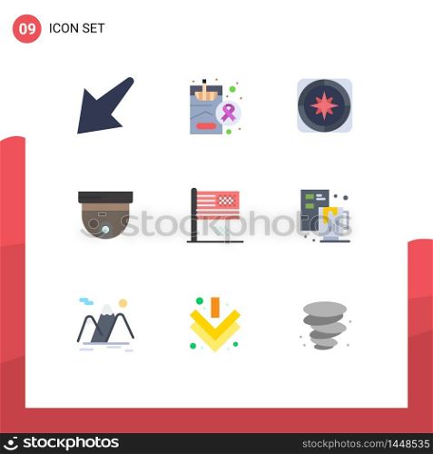 Editable Vector Line Pack of 9 Simple Flat Colors of collapse, surveillance, compass, security, cam Editable Vector Design Elements