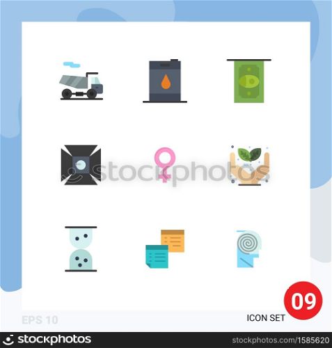 Editable Vector Line Pack of 9 Simple Flat Colors of eco, gender, money, symbol, shooting Editable Vector Design Elements