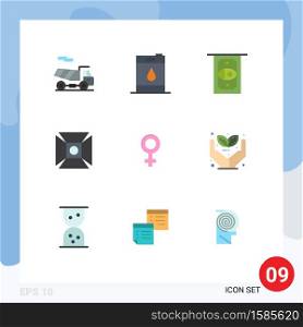 Editable Vector Line Pack of 9 Simple Flat Colors of eco, gender, money, symbol, shooting Editable Vector Design Elements