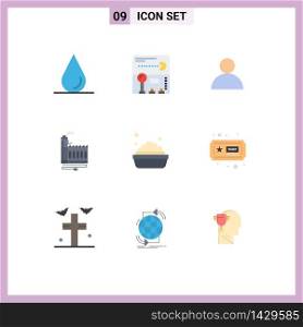 Editable Vector Line Pack of 9 Simple Flat Colors of ticket, cleaning, user, bowl, factory Editable Vector Design Elements