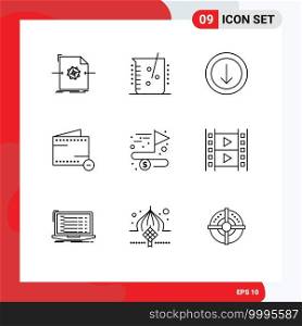 Editable Vector Line Pack of 9 Simple Outlines of achieving, wallet, laboratory, minus, commerce Editable Vector Design Elements