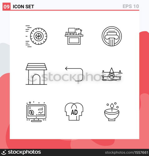 Editable Vector Line Pack of 9 Simple Outlines of appliances, apartment, place, greek, building Editable Vector Design Elements