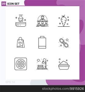 Editable Vector Line Pack of 9 Simple Outlines of battery, gift, mentor, love, vitamin Editable Vector Design Elements