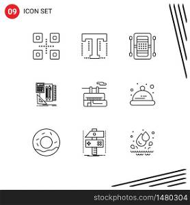 Editable Vector Line Pack of 9 Simple Outlines of chair lift, calculator, activities, book, kayak Editable Vector Design Elements