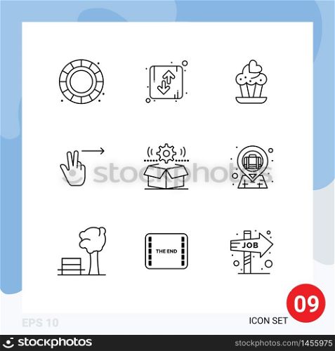 Editable Vector Line Pack of 9 Simple Outlines of gear, cog, cupcake, box, gesture Editable Vector Design Elements