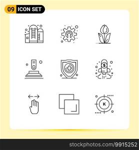 Editable Vector Line Pack of 9 Simple Outlines of insurance, finger, flora, button, rose Editable Vector Design Elements