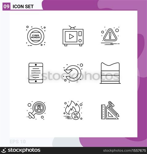 Editable Vector Line Pack of 9 Simple Outlines of left, circle, caution, user, mobile phone Editable Vector Design Elements