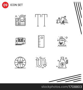 Editable Vector Line Pack of 9 Simple Outlines of ruler, tablet, landscape, smartphone, application Editable Vector Design Elements