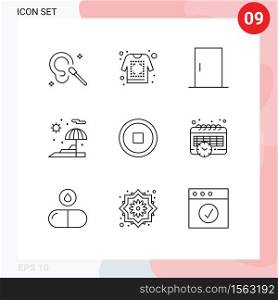 Editable Vector Line Pack of 9 Simple Outlines of user, interface, door, vacation, beach Editable Vector Design Elements