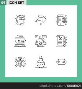 Editable Vector Line Pack of 9 Simple Outlines of video, discussion, communication, user, cup Editable Vector Design Elements