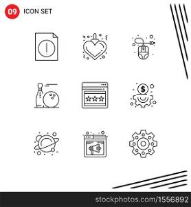 Editable Vector Line Pack of 9 Simple Outlines of webpage, seo, hardware, strike, pins Editable Vector Design Elements